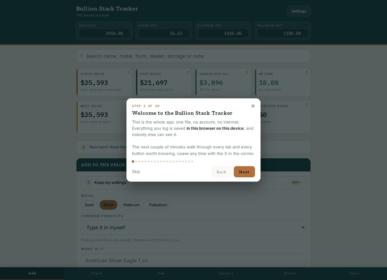 Bullion Stack Tracker showing stack value, cost basis, return percentage and a break-even panel.