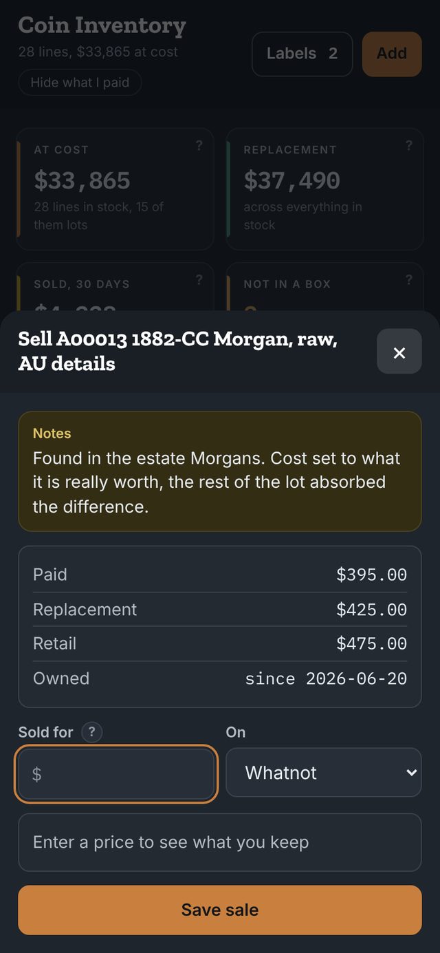 The sell sheet on a phone: paid, replacement and retail, a Sold for box, a channel picker set to Whatnot and Save sale.