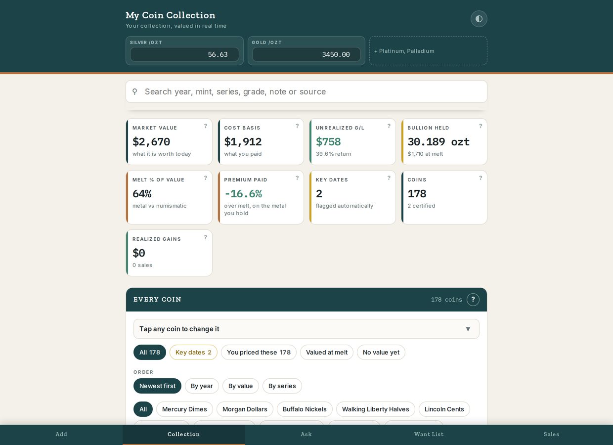 Coin Collection Tracker showing market value, cost basis, unrealized gain, melt percentage and a filterable list of coins.