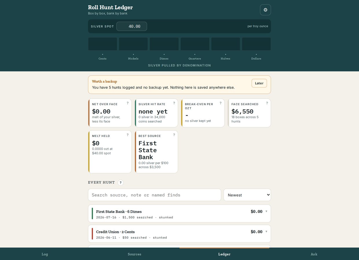 Roll Hunt Ledger showing logged bank box hunts, hit rate and cost per silver coin.